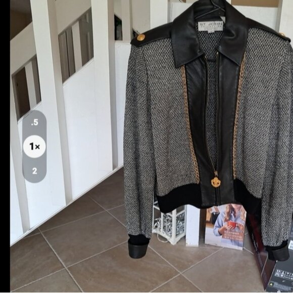 St John Collection Marie Grey Vintage Knit Short Jacket Leather trim sz S - Picture 1 of 13